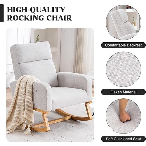 Rocking Chair Nursery, Nursing Rocker Armchair with High Backrest, Comfy Rocking Chair for Nursery, Bedroom (Light Grey)