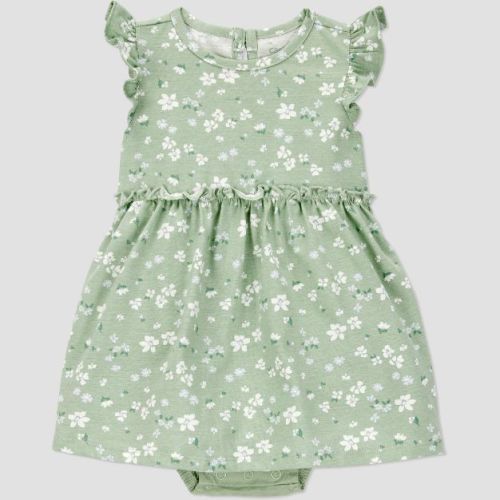 Carter's Just One You® Baby Girls' Floral Dress - Green/white 3m: Cotton Sleeveless Romper, Crew Neck, Botanical Pattern
