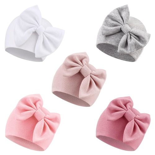 DRESHOW BQUBO Newborn Baby Girls Hats Hospital Hat Baby Cotton Beanie Infant Big Bow Hats for 0-24 Months