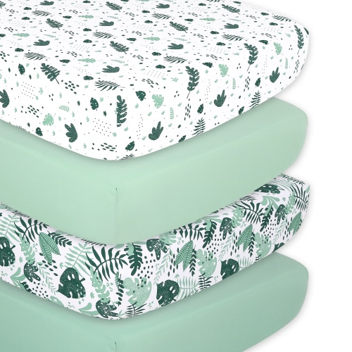 The Peanutshell Fitted Crib Sheets for Boys or Girls, 4 Pack Set, Green Botanical Leaf