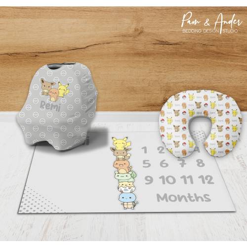 Poke Animals Accessories Set, Baby Boy Accessories, Poke Animals Nursery Set, Personalized Poke Baby Blanket, Gray