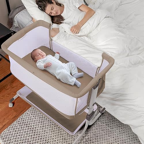 Baby Bassinet Bedside Sleeper, Upgraded Stability Bedside Crib with Full Mesh Sides, Soft Sheet, 6-Height Adjustment, Storage Basket, Easy Folding Portable Bassinet for Newborns,Camel