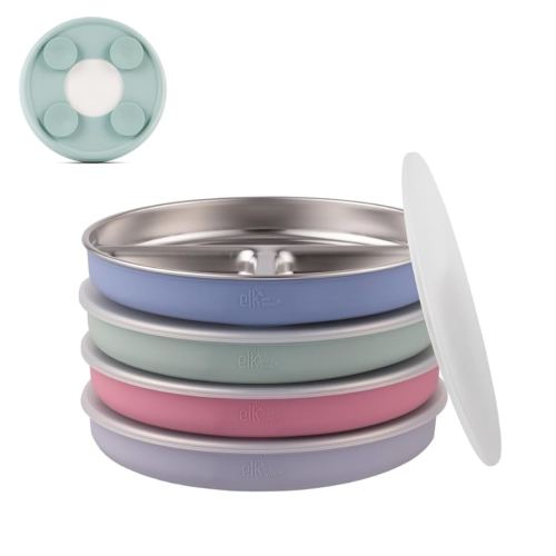 Amazon.com: Elk and Friends Stainless Steel Divided Plates with Silicone Sleeve for Babies & Toddlers | Lids Included | Stay Put Suction | Dinner & Snack Plates | 4 Pack : Baby