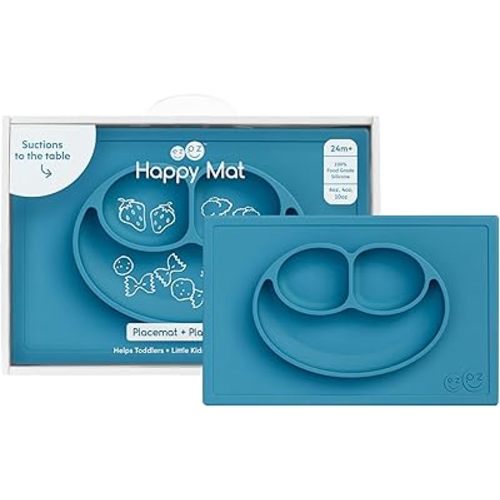 ezpz Happy Mat - 24 Months+ (Blue) - 100% Silicone Suction Plate with Built-in Placemat for Toddlers + Preschoolers - Divided Toddler Plates - Toddler Essentials