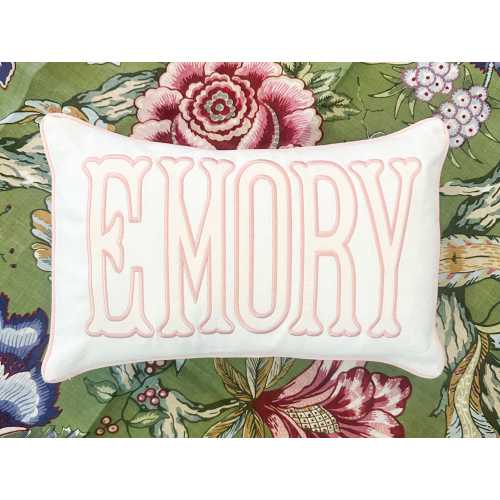 Boudoir Lumbar Name pillow(classic Fishtail) in soft white linen base fabric,many more styles at www.edelweissembroidery.com