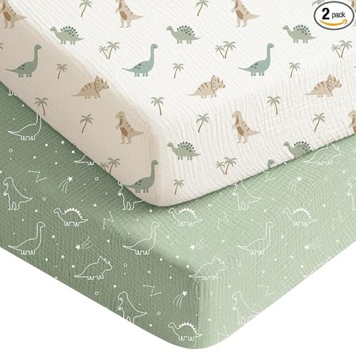 Konssy Muslin Crib Sheets for Boys, Soft Cotton Neutral Baby Sheets for Standard Crib Mattress 2 Pack, 52"x28" (Dino Jungle,Sage Dino)
