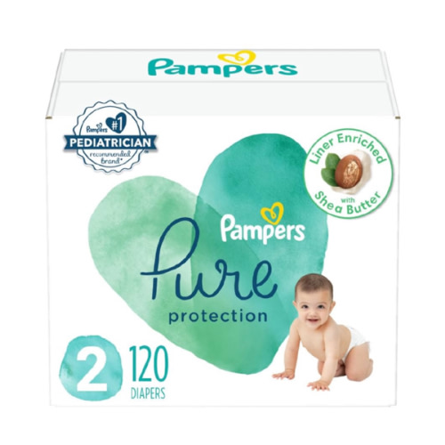 Pampers Baby Diapers - Pure Protection - Size 2, 120 Count, for up to 100% Leakproof, Premium Plant-based Skin Protection