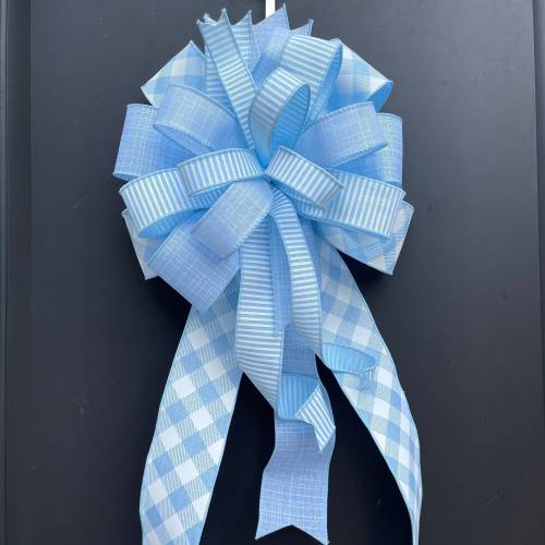 Blue & White Check Baby Boy Wreath Bow: Shower Decor, Mailbox Bow
