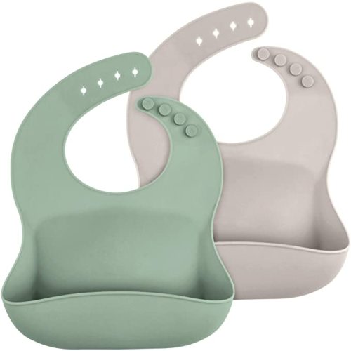 WeeSprout Waterproof Silicone Baby Bibs (Set of 2) | Pocket to Catch Food