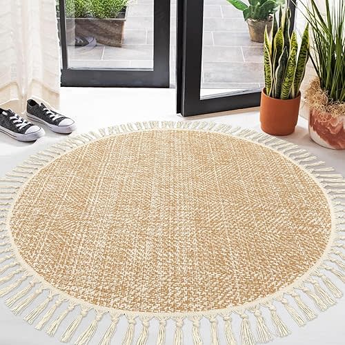 Collive Area Rug Round Cotton 4ft Tan/Cream for Bedroom Living Room Dining Room Office