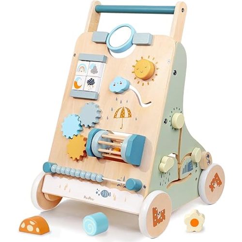 PairPear Wooden Baby Walker, Baby Push Walker, Montessori Walker Toy with Activity Center for Girls Boys, Adjustable Speed Baby Walker for Kids Development