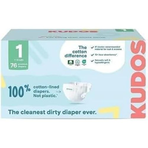 Kudos Chlorine Free Premium Diapers, Cotton-Lined, (Size 1, 76 Count, 7-12 lbs)