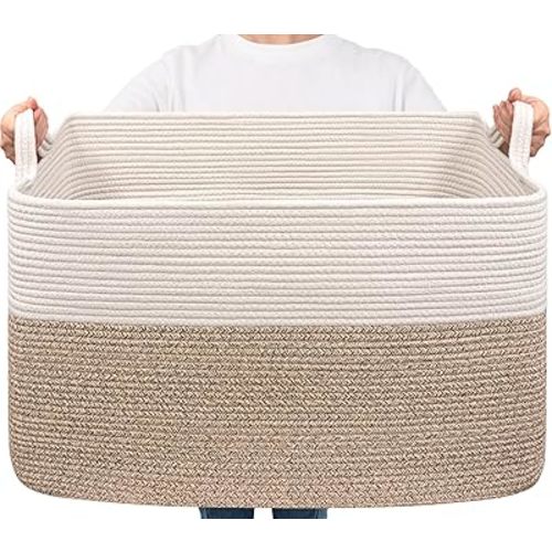 Goodpick Blanket Basket, Woven Baskets for Storage, Extra Large Storage Basket, Blanket Basket Living Room, Rectangle Cotton Rope Basket for Toys, Dirty Clothes, 23.6" x 15.7" x 13.8"