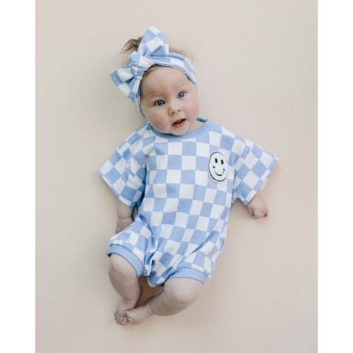 LPK Short Sleeve Bubble Romper - Checkered Smiley Blue