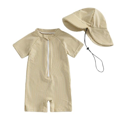 Nibbcoa Toddler Baby Boys Seersucker Short Sleeve One Piece Rash Guard Swimsuit Zipper Bathing Suit Swimwear with Hat