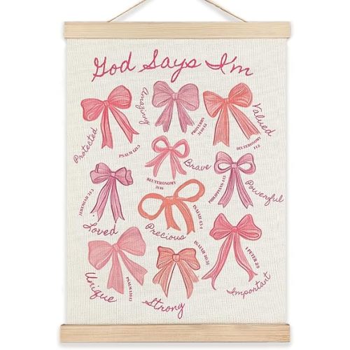 RYYCDOI God Says I am Pink Bow Christian Wall Art Poster, Coquette Preppy Room Decor, Christian Wall Decor, Inspirational Bible Verse Wall Art Decor for Girls Room Dorm Apartment, 12x16 Inches