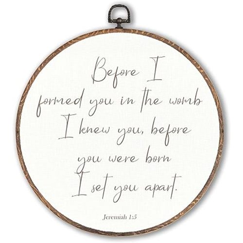 Bible Verse Nursery Round Wall Art Decor, Inspirational Round Wall Decor, Neutral Christian Canvas Framed Art Prints, Jeremiah 1:5 Christian Hanging Frame for Room Bedroom 10x10 Inch