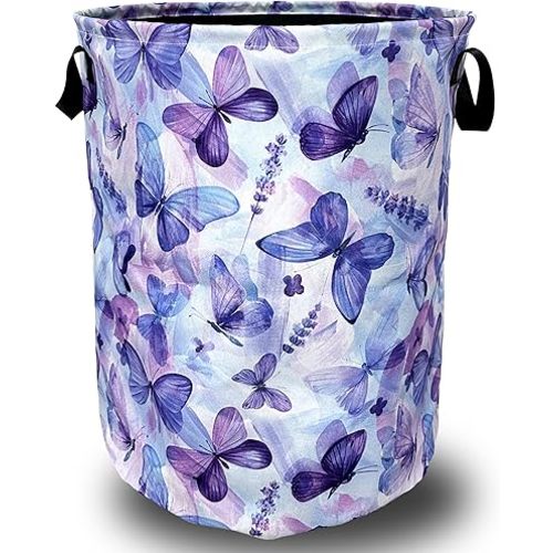 Blue Purple Butterfly Laundry Basket Foldable With Handles Tote Bag Oxford Cloth Colorful Laundry Hamper Clothes Storage Bucket Toy Organizer 18.9" x 16.5" For Bathroom/Laundry/Bedroom