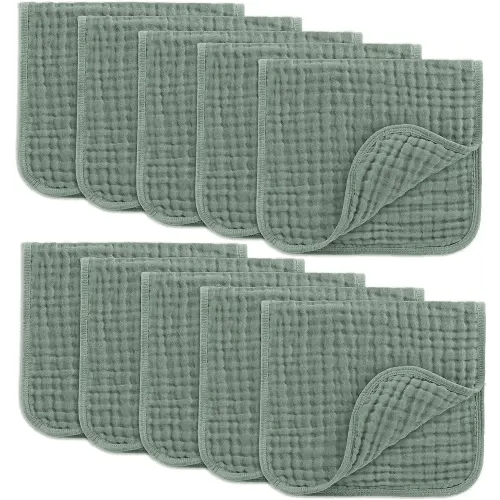 Comfy Cubs Muslin Burp Cloths 20" x 10", Pack of 10 - Large, 6-Layer, Ultra Absorbent 100% Cotton for Baby Drool and Messes - Soft, Safe & Gentle Baby Burp Cloths for Boys & Girls - Fern
