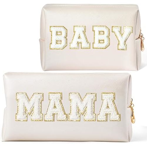 CY2SIDE MAMA Baby Letter Makeup Bag - 2PCS White MAMA and BABY Chenille Letter Patch Cosmetic Bag Pink PU Leather Patch Pouch Waterproof Portable Zipper Travel Organizer Case Xmas Gifts for Mom Women