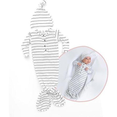 Newborn Knotted Baby Gown and Hat Set for Baby Boy or Baby Girl - Black & White Stripe