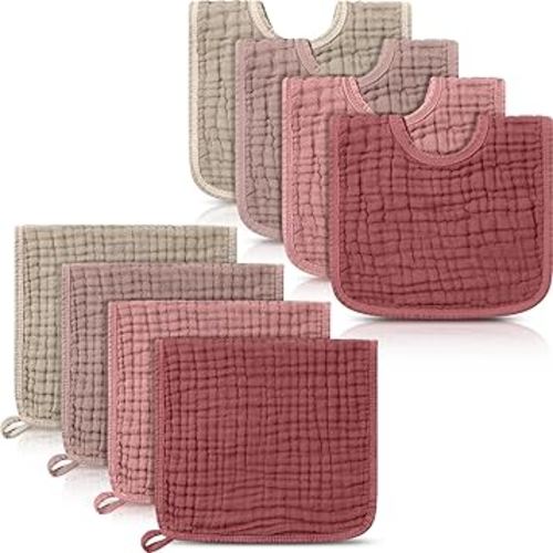 Tallew 8 Pack Muslin Burp Cloths and Baby Bibs for Boy Girl 20" x 10" Cotton Baby Bandana Drool Bibs Muslin Burp Cloths Absorbent Rag for Newborn Toddler Infant Gifts(Dark Pink)