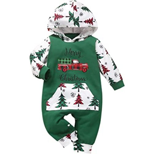 Noubeau My First Christmas Baby Girl Boy Outfit Car Truck Long Sleeve Pocket Hooded Romper Jumpsuit Xmas One Piece Clothes