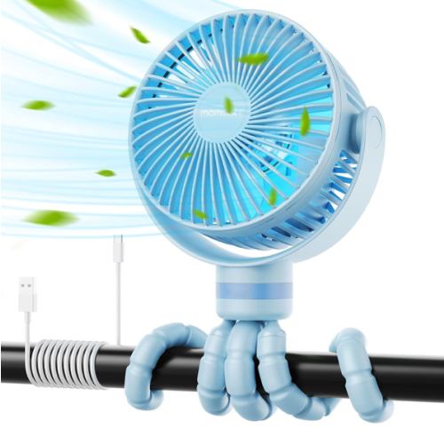 Blue Momcozy 8000mAh Portable Stroller Fan, 27H Ultra-long Battery Life Detachable 4 Speed 360°Rotate LED Night Light with 2 Modes, USB Rechargeable Handheld Cooling Fan for Travel/Car Seat/Bedroom