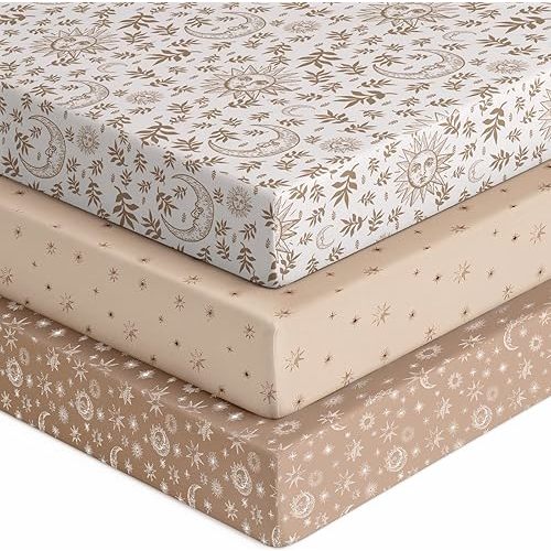 Baby Crib Sheets for Boys Girls, Fitted Crib Sheet Neutral 3 Pack for Standard Crib and Toddler Mattress, Breathable Soft Microfiber Baby Sheet 28x52x8in White Brown Sun God