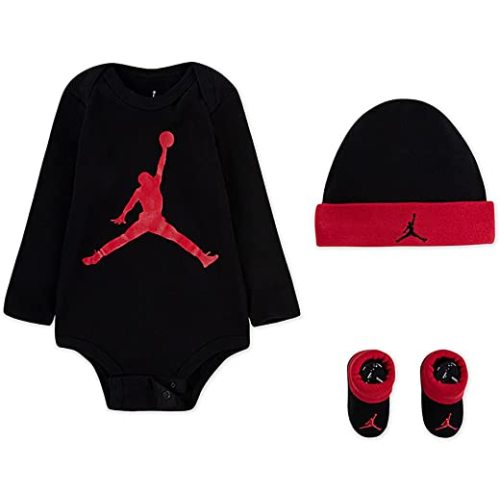 Nike Baby Long Sleeve Bodysuit, Hat and Booties 3 Piece Set (Black(LJ0263-023)/Red, 6-12 Months)