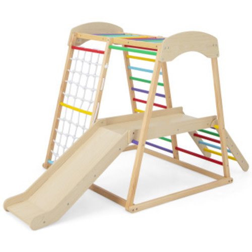 6-in-1 Indoor Jungle Gym Kids Wooden Playground with Monkey Bars