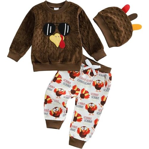 MAYUMMPY Baby Boy Thanksgiving Outfits Long Sleeve Turkey Sweatshirt Pants Hat Thanksgiving Toddler Clothes