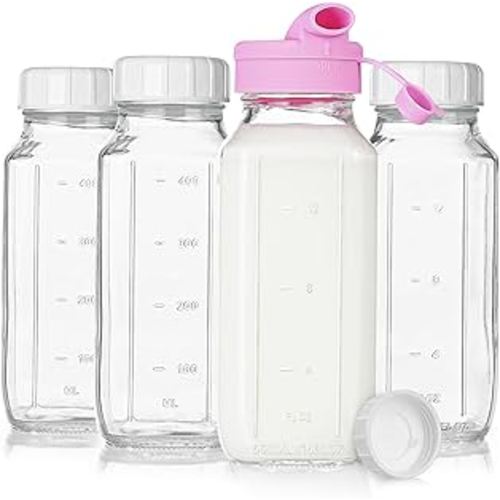 Sovietiep 4 Pack 16 Oz Square Glass Milk Bottle with A Silicone Dispenser Cap, Glass Juice Bottles with Airtight Screw Lid, Reusable Drinking Bottles with Capacity Marks, Breastmilk Storage Container