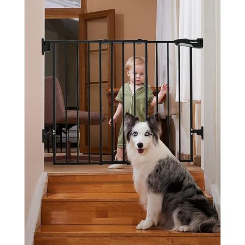 Babelio 26-43" No Bottom Bar Baby Gate for Babies, Elders and Pets, 2-in-1 Hardware Mount Dog Gate for The House, Stairs and Doorways, with Large Walk Thru Door, Black