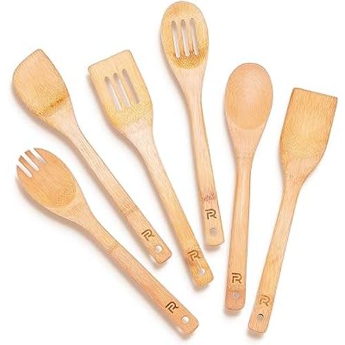 Riveira Bamboo Wooden Spoons for Cooking 6-Piece , Apartment Essentials Wood Spatula Spoon Nonstick Kitchen Utensil Set Premium Quality Housewarming Gifts for Everyday Use