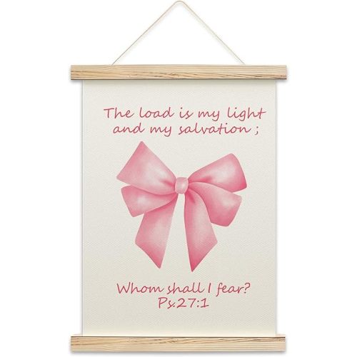 Dhsupfcn The Lord Is My Light Bible Verse Poster Hanger, Pink Bow Themed Christian Canvas Wall Art with Wood Hanger, Christian Room Decor, Scripture Wall Decor for Playroom Classroom, A04