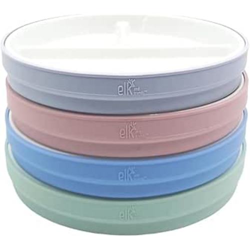 Elk and Friends Kids 7.8” Porcelain White Plates with Silicone Sleeves | Divided Plates | Suitable for Kids/Toddlers | Microwave & Dishwasher Safe | Non Slip | Snack Dishes…