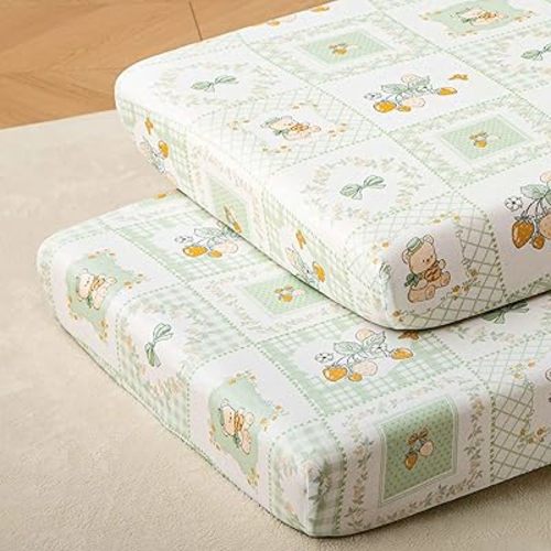 SDY Strawberry Bear Crib Sheet,2Pk Microfiber Jersey Green Baby Fitted Crib Sheet for Girls and Boys,Jersey Sheet 28" x 52"x8"