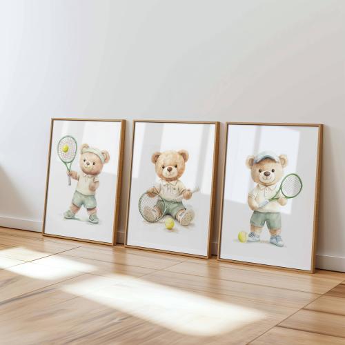 Tennis Bear Nursery Wall Art Set of 3 Prints, Watercolor Sports Teddy Decor, Green Beige Baby Room, Kids Playroom Nursery Wall Decor Gift