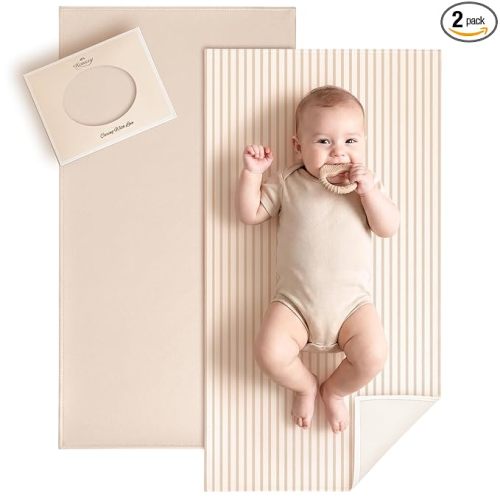 Konssy Faux Leather Baby Changing Mat, Waterproof Diaper Changing Pad | Wipeable & Portable Diaper Changing Pad for Travel or Home. Fits Diaper Bags, 30 x 17 in, Stripes and Beige