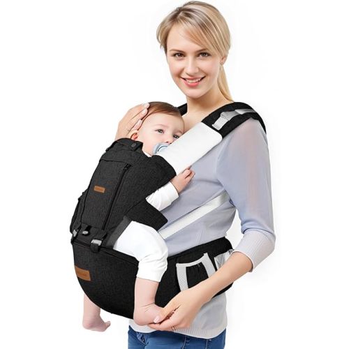 Baby Carrier Wrap with Lumbar Support, Safety-Certified 9-in-1 Baby Carrier Newborn to Toddler, Ergonomic Baby Carrier with Hip Seat, Detachable Baby Holder Carrier for Dad&Mom All Seasons (Black)