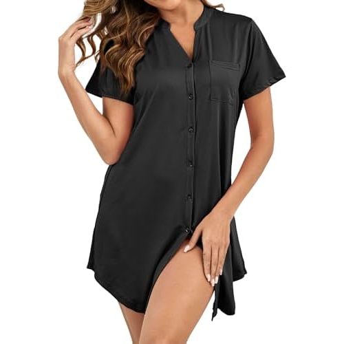 Nightgowns for Women Button Down Sleep Shirt Short Sleeve Pajama Dress V Neck Boyfriend Nightshirt S-XXL
