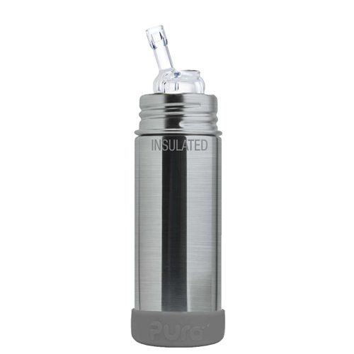 Pura Kiki 9oz/260 ml Stainless Steel Insulated Bottle w/Silicone Straw & Sleeve, 100% Plastic-Free, MadeSafe Certified, Medical-Grade Silicone Straw for Kids, Toddlers, Babies & Infant - Slate Bumper