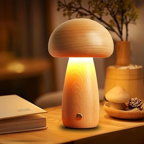 LONRISWAY Wooden Mushroom Lamp for Bedroom, Portable Cordless Small Rechargeable Battery Operated Lamp,Stepless Dimming, Night Light for Birthday Gifts