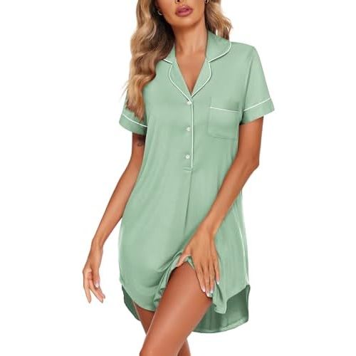 Ekouaer Women's Nightgown Button Down Nightshirt V Neck Sleepshirt Short Sleeve Sleepwear Soft Pajama Dress
