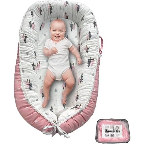 Baby Lounger, 100% Breathable Cotton Baby nest, Portable Infant Lounger (Pink)