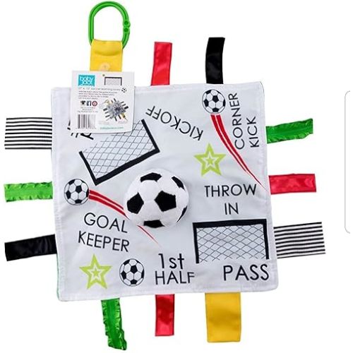 Baby Jack & Co 10x10” Soccer Sports Lovey Sensory Plush Blanket - Tag Toy for Babies - Baby Stroller Toys - Learn Shapes, Letters & Colors - MVP Baby Ball Toy & Baby Sports Gift w/Stroller Clip