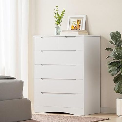 Gizoon 6 Drawer Dresser, Chest of Drawers with Large Storage, White Dressers for Bedroom, Tall Dresser and Organizer with Anti-Tripping, Wooden Cabinet for Office, Living Room, Entryway