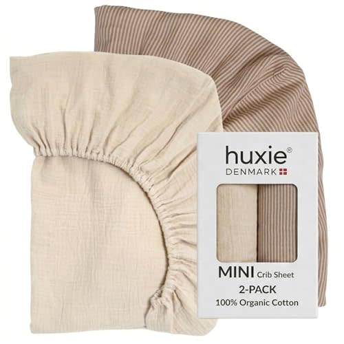 Mini Crib Sheets, 100% Organic Cotton, 24"x38" Pack n Play, Set of 2 | GOTS-certified deep-pocket 360° fit, also fits bassinets, playards & portable cribs (Fog/Stripe)