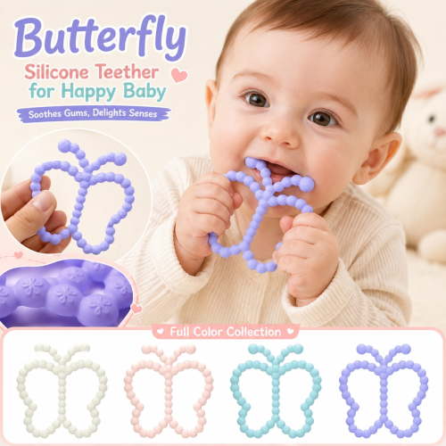 Silicone Infant Butterfly Teething Ring Toys , 1 Pack Soft Silicone Butterfly Teething Rings, BPA-Free Textured Relief Teethers for Gentle Gum Comfort